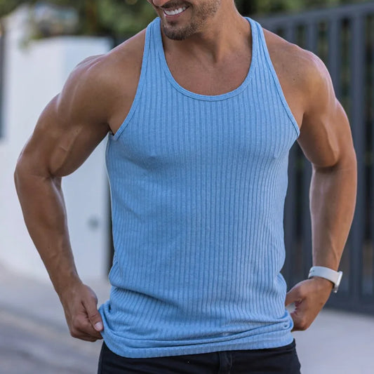 Large Sleeveless Men'S Summer Mesh Vertical Stripe Fitness Sports Casual Slim Fit Vest Men'S L-Shaped Vest