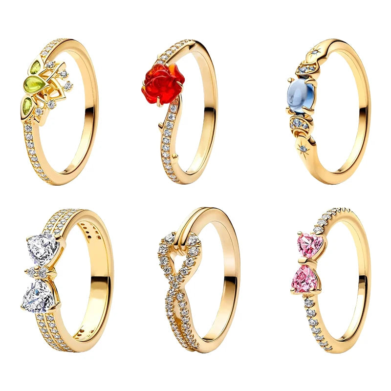2026 New 925 Silver Eternal Shining Double Row Butterfly Love Heart Crown Ring Fashion DIY Charm Jewelry Exquisite Gift ﻿