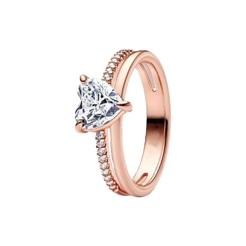 2026 New 925 Silver Eternal Shining Double Row Butterfly Love Heart Crown Ring Fashion DIY Charm Jewelry Exquisite Gift ﻿